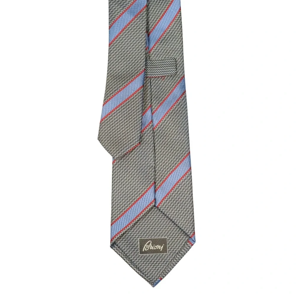Brioni Silk Necktie Olive Gray Blue Red Repp Stripe Hand Made‎ Italy Luxury 62in